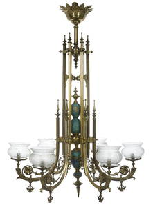 Brass and Pottery Aesthetic Chandelier: Exceptional Brass and Pottery Aesthetic Chandelier circa 1876, attributed to Archer and Pancoast, New York, the standard decorated with turquoise-ground pottery mimicking cloisonne, terminating in a s