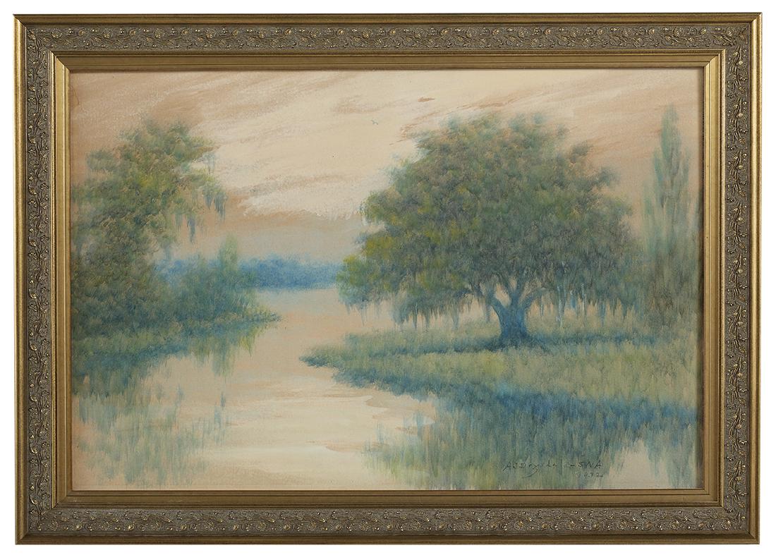 Alexander Drysdale (American, 1870-1934): Alexander John Drysdale (American/Louisiana, 1870-1934) "Live Oak, Louisiana Bayou", 1932 oil wash on board signed and dated lower right. Glazed and framed. sight 19-1/2" x 29-1/2", framed 24-1/2" x 3