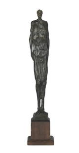 Richard Rosenblum (American/Louisiana, 1940-2000): Richard Rosenblum (American/Louisiana, 1940-2000) "Standing Figure" patinated bronze incised signature along back edge of self-base, on a carved wood plinth. h. 10-1/8", w. 2", d. 2"