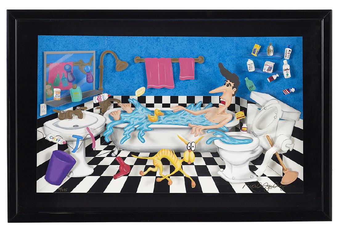 Roark Gourley (American, b. 1949): Roark Gourley (American, b. 1949) "Bathroom Quake" mixed media construction signed lower right, numbered 46/395 lower left. Shadowbox frame. overall 22-5/8" x 34-1/2"