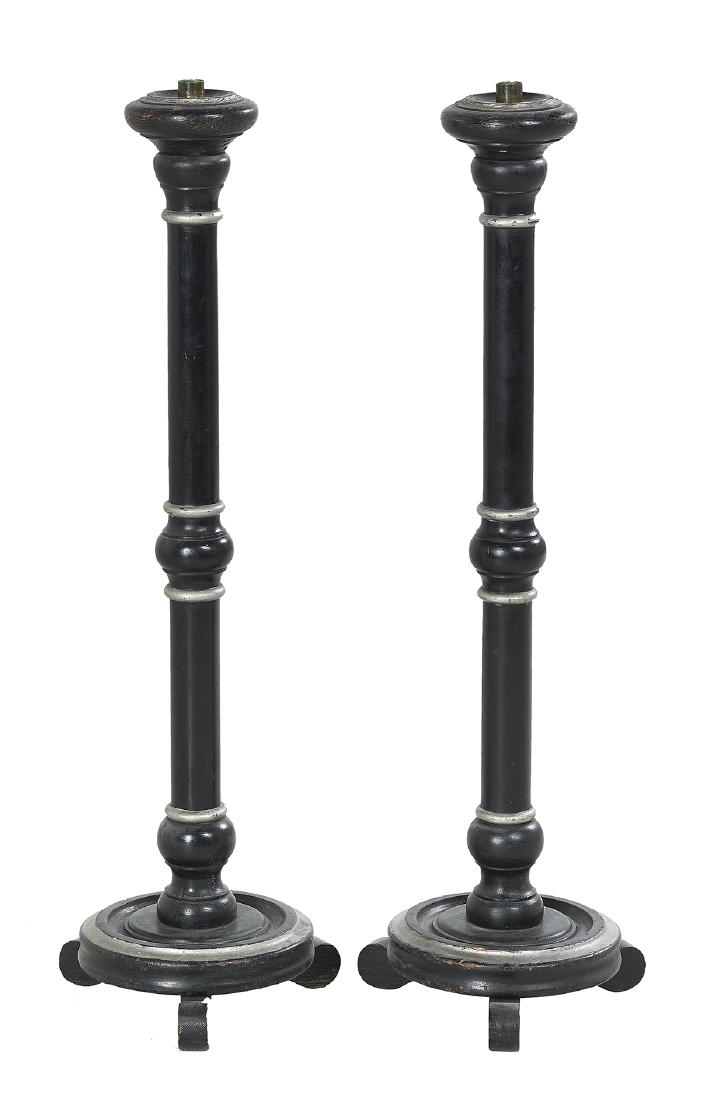 Pair of Painted Altar Sticks: Pair of Painted Altar Sticks 20th century, American, with silver trim. h. 40", dia. 12"