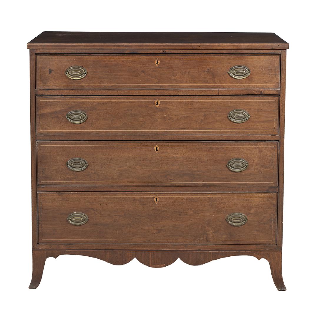 American Federal Walnut and Line-Strung Chest: American Federal Walnut and Line-Strung Chest ca. 1800, in the Hepplewhite taste, each of the four graduated drawers with inlaid line-stringing and a shield-form escutcheon, the perimeter edges beaded