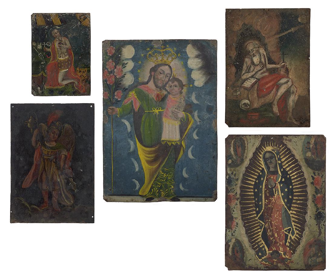 Group of Five Mexican and South American Retablos: Group of Five Mexican and South American Retablos 19th century and later, all oils on metal, including "St. Jerome", Archangel Michael", "Madonna", "Saint", and "St. Joseph Holding Christ". Unframed. 