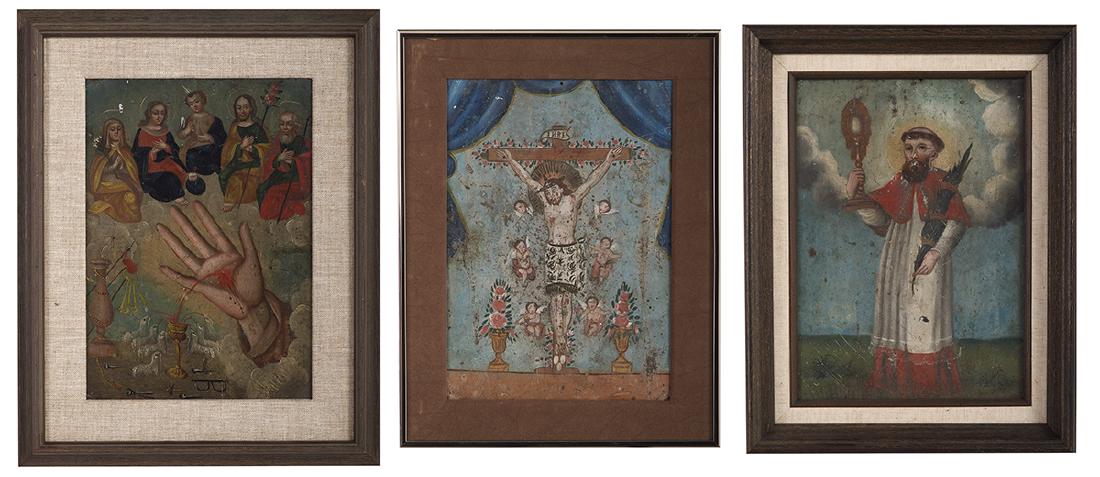 Three Mexican and South American Retablos: Group of Three Mexican and South American Retablos 19th century and later, all oils on tin, including "Saint Ramon Nonato", "Crucifixion of Jesus", and "Mano Poderosa". Framed. each 14" x 11", framed