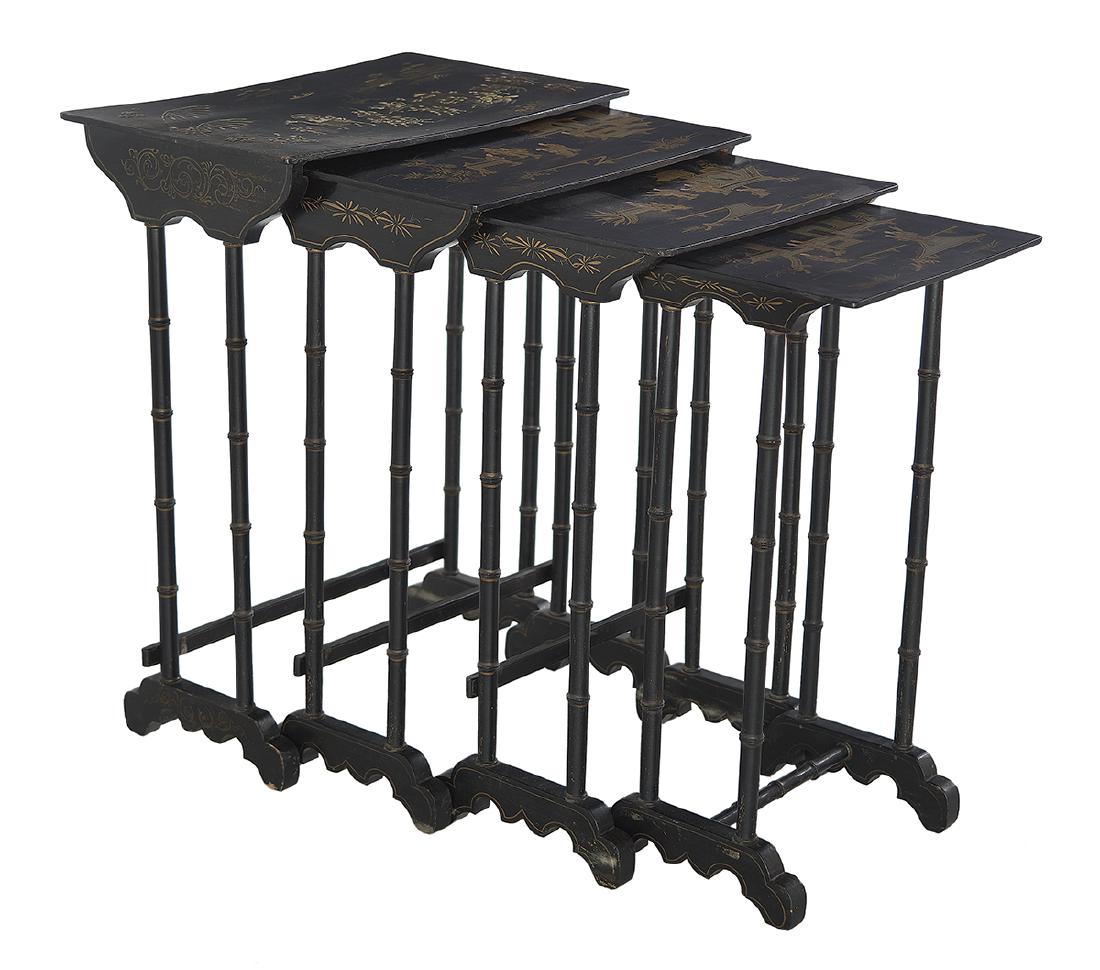 Suite of Four Chinoiserie Ebonized Nesting Tables: Suite of Four Chinoiserie Ebonized Nesting Tables fourth quarter 19th century, each with a rectangular top featuring a gilt and gesso oriental scene, raised on double faux bamboo end supports to shape