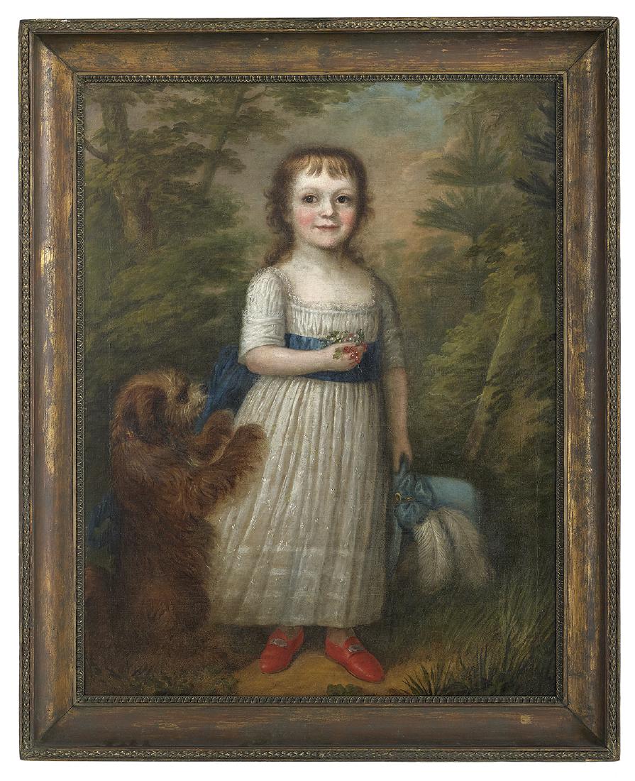 British School (18th Century): British School (18th Century) "Portrait of a Child with Pet Terrier, Against a Verdant Landscape" oil on canvas unsigned Framed. 42" x 32", framed 48-1/2" x 39" Provenance: Estate of Dr. Carroll Ball,