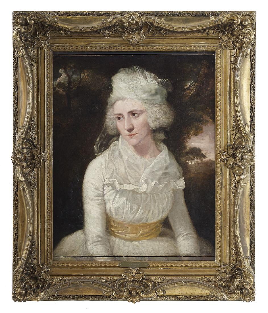 Manner of John Hoppner (British, 1758-1810): Manner of John Hoppner (British, 1758-1810) "Portrait of a Lady in a White Lace Cap", fourth quarter 18th century oil on canvas unsigned, a "J. Fieldhouse/Re-Gilding Works/Birmingham" label, a 1906 ha