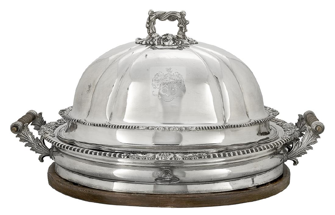 Old Sheffield Plate Meat Dome and Platter: George IV Old Sheffield Plate Meat Dome and Associated Platter second quarter 19th century, the oval dome quarter-lobed with gadroon and rocaille banding and addorsed acanthus handle, engraved on both