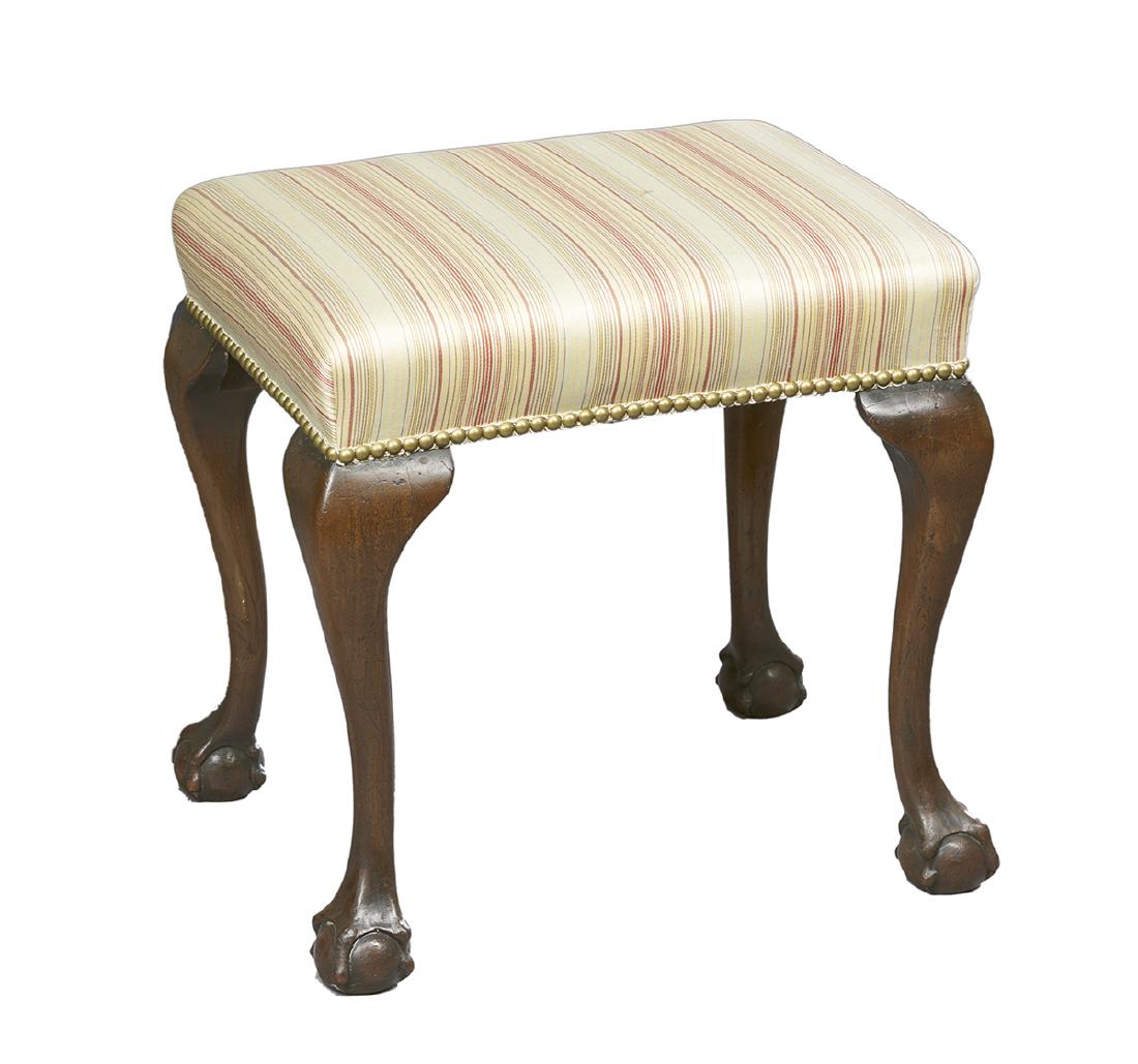 George III-Style Mahogany Stool: George III-Style Mahogany Stool late 19th century, the padded rectangular top with brass tack accents, raised on cabriole legs ending in ball-and-claw feet. h. 19-1/2", w. 19-1/2", d. 16"