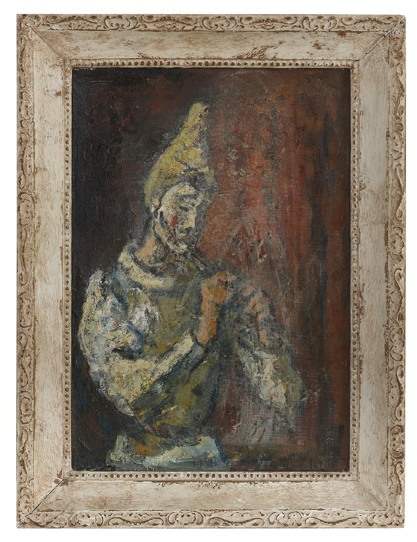 Continental School (Mid-20th Century): Continental School (Mid-20th Century) "Clown Playing the Flute" oil on canvas signed "Loveto" lower right. Framed. 19-1/2" x 13-3/4", framed 24" x 18-1/4"