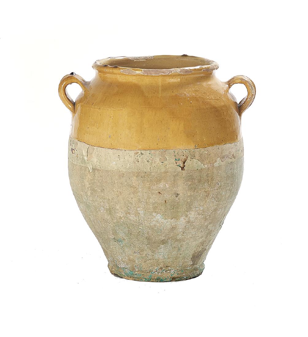 French Terracotta Confit Jar: French Terracotta Confit Jar 20th century, Provence, the top with two lug handles and a golden glaze. h. 13", w. 11", d. 8-1/2"