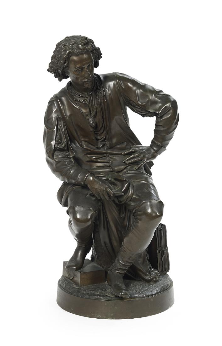 After Jean Jules Salmson (French, 1823-1902): After Jean Jules Salmson (French, 1823-1902) "Sir Anthony van Dyck" patinated bronze 20th century, cast signature along edge of self-base, titled on portfolio. h. 25", w. 11", d. 12"