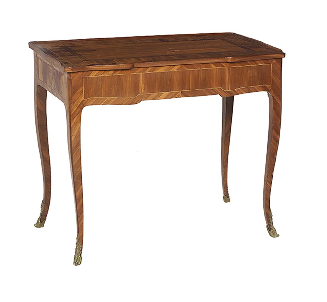 Louis XV/XVI-Style Fruitwood Side Table: Louis XV/XVI-Style Fruitwood Side Table late 18th century, the triple-banded rectangular top with a three-quarter gallery and shaped front, above a paneled frieze fitted with a single compartmented en
