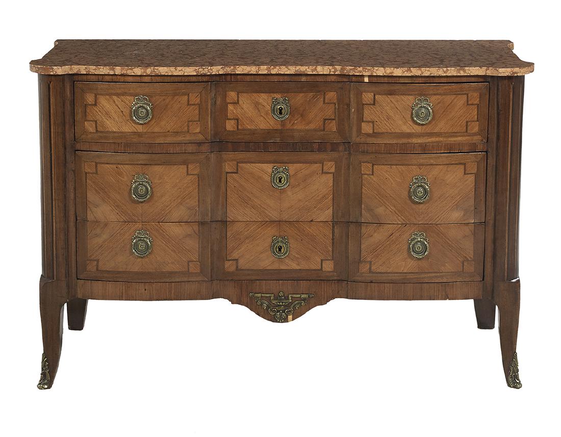 Louis XV/XVI-Style Marble-Top Commode: Louis XV/XVI-Style Kingwood and Marble-Top Commode the shaped rectangular marble top with projecting corners, above a conforming case fitted with three long drawers, all triple paneled and with decora