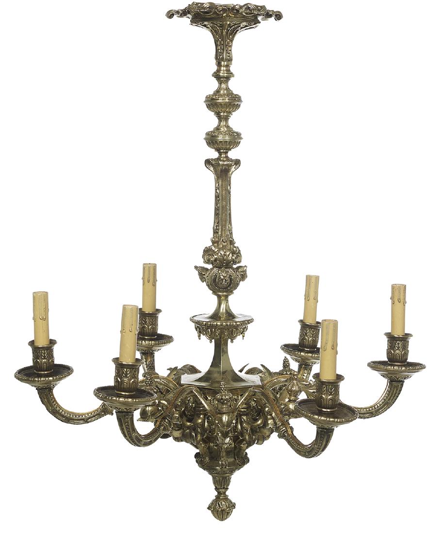 French Bronze Six-Light Chandelier: French Bronze Six-Light Chandelier first quarter 20th century, in the Renaissance taste, the triangular standard decorated with scrollwork and cabochons, and three busts, the paneled arms set with lea