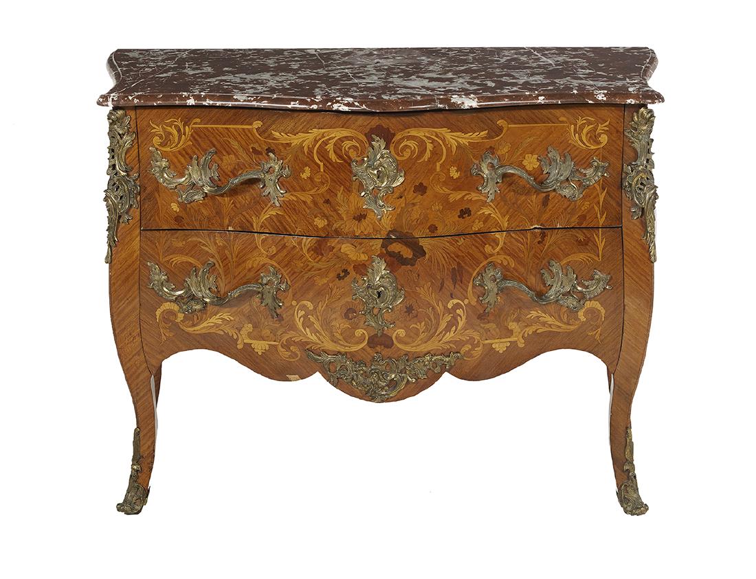 Regence-Style Mixed Woods and Marble-Top Commode: Regence-Style Kingwood, Mixed Woods and Marble-Top Commode 20th century, the shaped marble top above a conforming bombe case fitted with two long drawers with inlaid scrolling foliate and floral patte