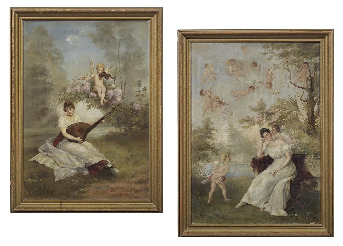 Rosa Bruhl (German, 1869-1914): Rosa Bruhl (German, 1869-1914) "Young Maiden and Cupid with Musical Instruments", 1895, after V. Lynais (French, 19th Century) "Young Maiden Adorned by Cupid and Putti", 1895, after Franz Lefler (Aust