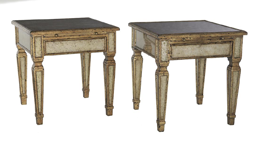 Pair of Italian Neoclassical-Style Side Tables: Pair of Italian Neoclassical-Style Crackle-Painted Side Tables each with an inset glass top above a pull-out slide and drawer. h. 25", w. 24", d. 24"