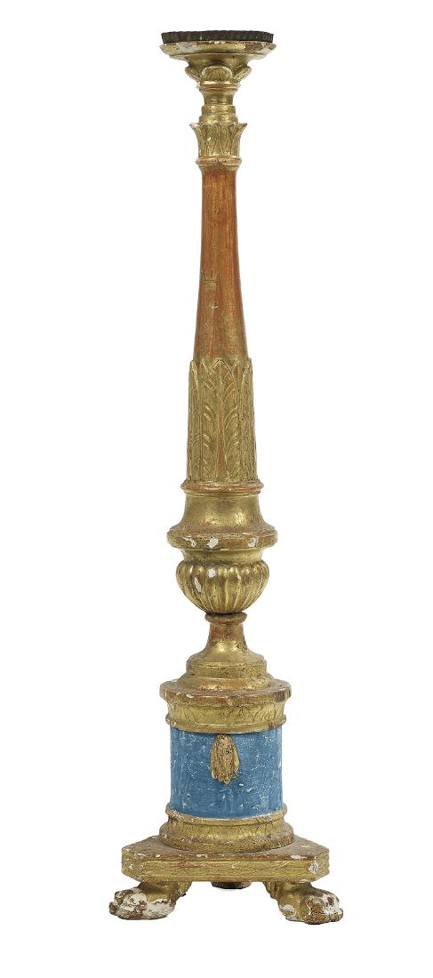 Italian Parcel-Gilt Altar Stick: Italian Parcel-Gilt Altar Stick in the Neoclassical Taste second quarter 19th century, on paw feet, the base decorated with blue paint and a leaf-carved standard. h. 34-1/2", dia. 9-1/2"
