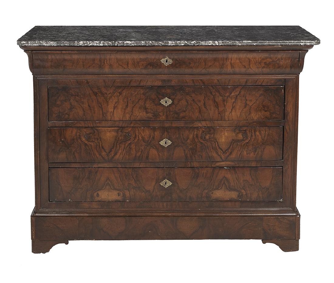 Restauration-Style Walnut and Marble-Top Commode: Restauration-Style Walnut and Marble-Top Commode early 20th century, the rounded rectangular marble top above a conforming case fitted with a cushion frieze drawer over three long drawers, raised on b