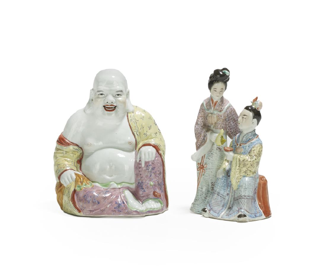 Two Chinese Famille Rose Porcelain Figures: Group of Two Chinese Famille Rose Porcelain Figures 20th century, one modeled as a seated Budai, with impressed manufacturer's marks to the base, the other as a female attendant pouring tea for a seat