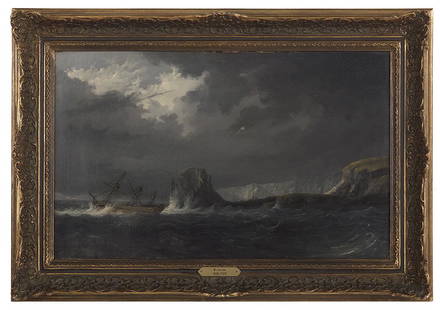 Willem van de Velde d.j. (Dutch, 1633-1707): Willem van de Velde the Younger (Dutch, 1633-1707) "Ship on the Breakers by a Rocky Coast", 1666 oil on canvas faintly monogrammed and dated "1666" lower right. Framed. 15-1/2" x 25", framed