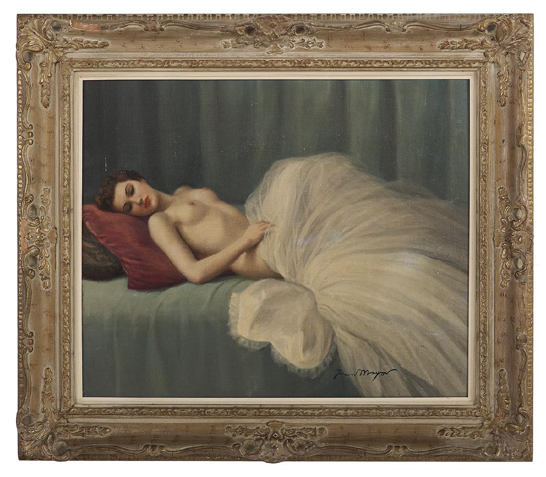 Joan Mayor (American, 20th Century): Joan Mayor (American, 20th Century) "Nude, Reclining" oil on canvas signed lower right. Framed. 19-3/4" x 23-7/8", framed 27-1/4" x 31"