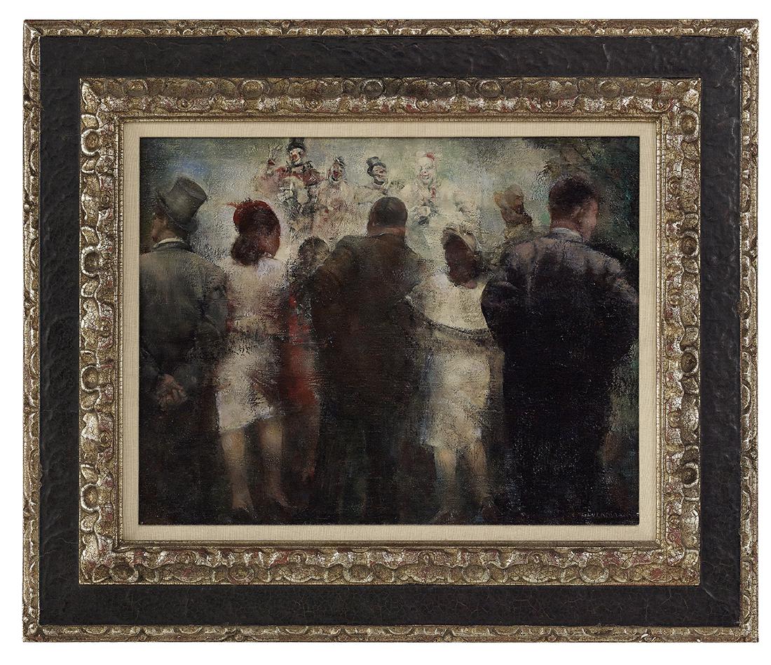 Grigory G. Gluckmann (Russian/US, 1898-1973): Grigory Gluckmann Gluckmann (Russian/American, 1898-1973) "At the Circus, Clown Spectators" oil on wood panel signed lower right. Framed. 14" x 18", framed 22" x 26-1/8"