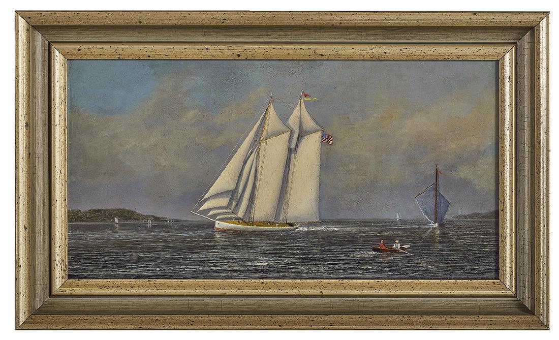 Francis Augustus Silva (American, 1835-1886): Francis Augustus Silva (American, 1835-1886) "Sailing Boat" oil on canvas board signed lower right, a "Seager Gallery, Elmsford, N.Y." label en verso. Framed. 7-3/4" x 14-3/4", framed 10-1/2" x 17-1/2