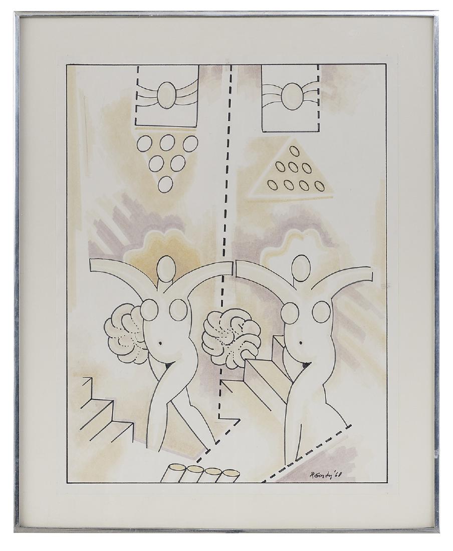 Robert Gordy (American/Louisiana, 1933-1986): Robert Gordy (American/Louisiana, 1933-1986) "Two Female Nudes on Stairs", 1968 marker on paper signed and dated lower right. Matted, glazed and framed. 22" x 16-1/2", framed 26-1/2" x 21-1/4"