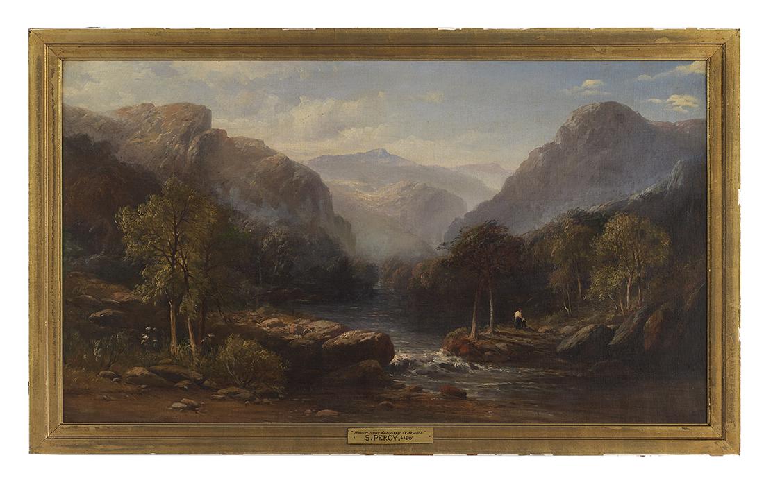 Sidney Richard Percy (British, 1821-1886): Sidney Richard Percy (British, 1821-1886) "River near Dolgelthy, North Wales" oil on canvas signed lower right, titled "River near Dolgetty [sic], N. Wales" on brass artist plaque. Framed. 23" x 42",