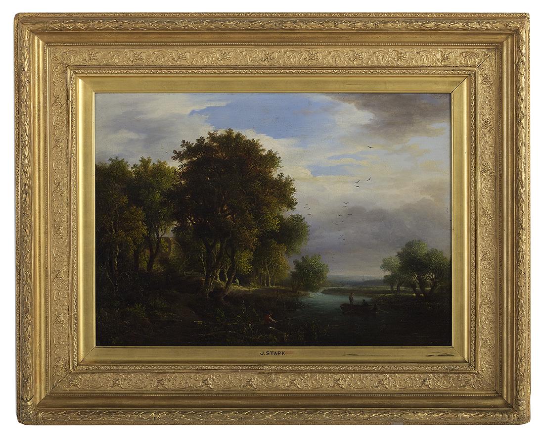 James Stark (British, 1794-1859): James Stark (British, 1794-1859) "Figures Fishing on the Yare River" oil on wood panel unsigned. Framed. 15-3/4" x 23-1/4", framed 26-1/2" x 33"