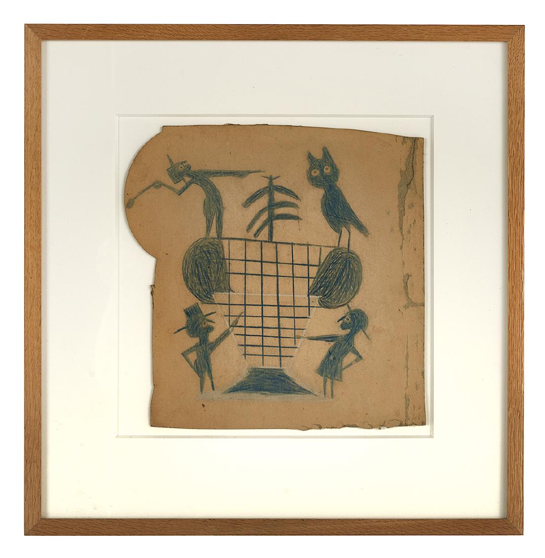 William Traylor (US/Alabama, ca. 1854-1949): William "Bill" Traylor (American/Alabama, ca. 1854-1949) "Four Figures and Basket in Blue" pencil, tempera and conte crayon on cardboard unsigned, "Gallery Ricco/Maresca, New York" and "Carl Hammer Ga