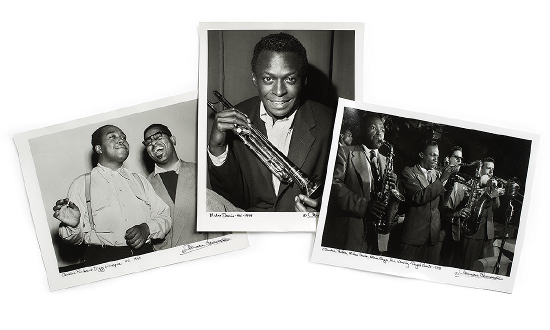 Herman Leonard (American, 1923-2010): Herman Leonard (American, 1923-2010) "Charlie Parker & Dizzy Gillespie, NYC", 1949 "Charlie Parker, Miles Davis, Allen Eager & Kai Winding, Royal Roost, NYC", 1948 "Miles Davis, NYC", 1948 collection