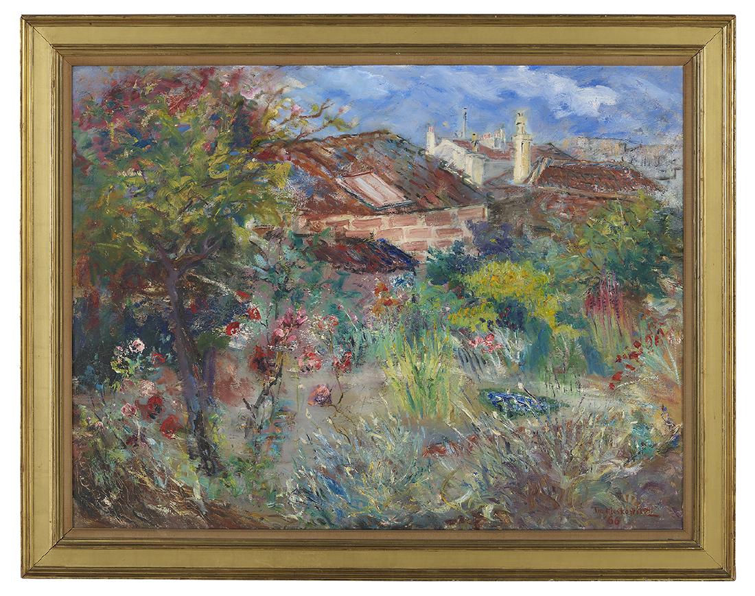 Ira Moskowitz (Polish/New York, 1912-2001): Ira Moskowitz (Polish/New York, 1912-2001) "The Rooftop Garden", 1966 oil on canvas signed and dated lower right. Framed. 35-1/2" x 46", framed 42" x 53"