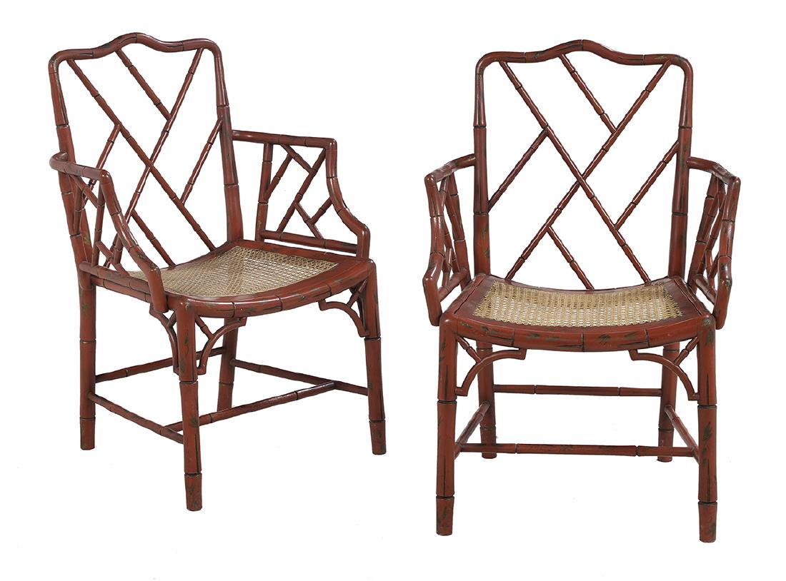 Pair of Chinoiserie Polychrome Armchairs: Pair of Chinoiserie Polychrome Armchairs 20th century, each with a pierced patterned faux bamboo back, joined by like-patterned arms to the removable caned seat, raised on ring-turned circular legs jo