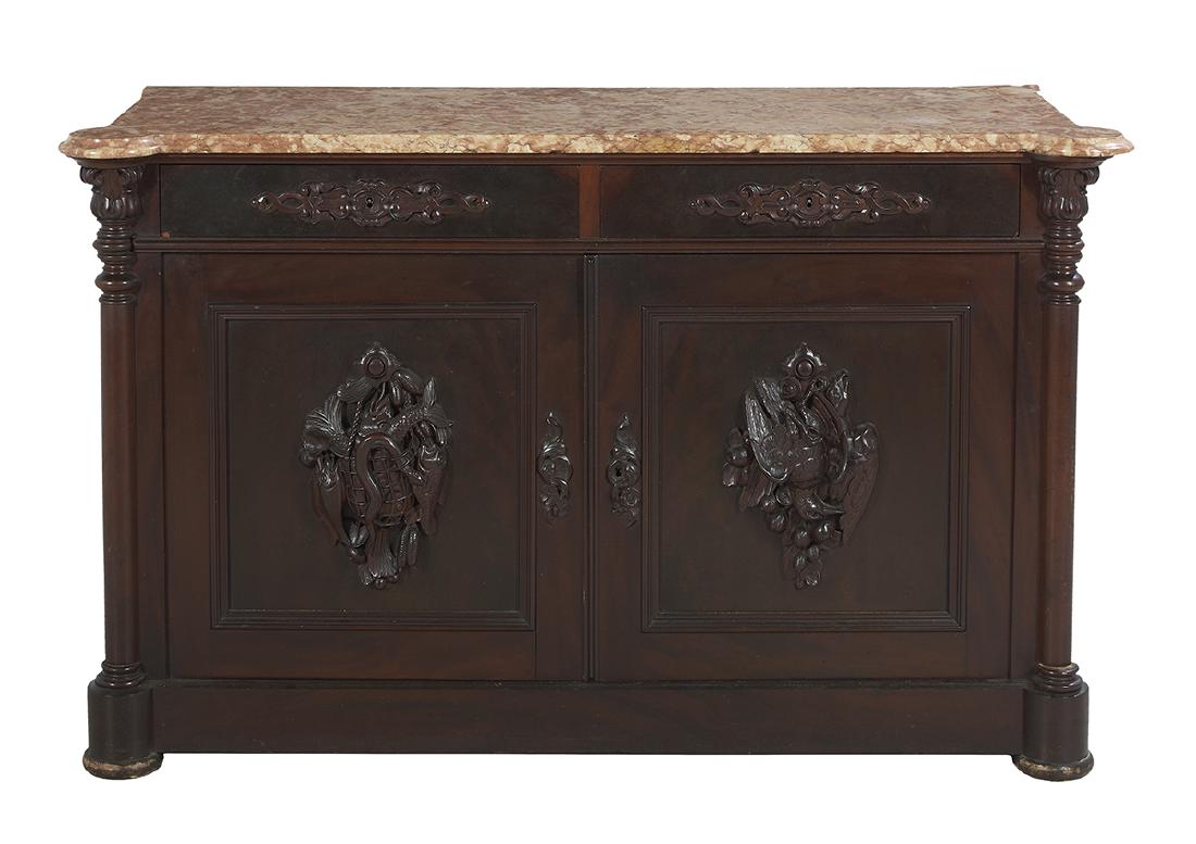 American Rococo Revival Marble-Top Cabinet: American Rococo Revival Mahogany and Marble-Top Cabinet third quarter 19th century, probably Alexander Roux, New York, the figured marble top with projecting ovolo corners, on a conforming case with a