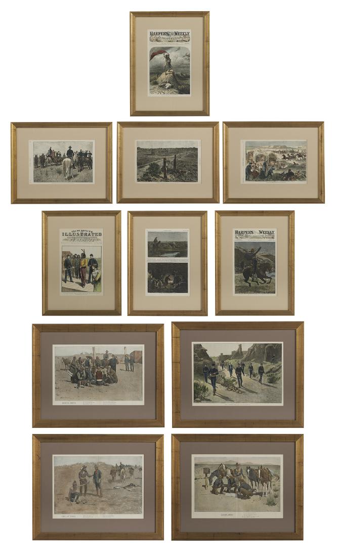 Group of Eleven Prints from Harper's Weekly: Group of Eleven Prints from Harper's Weekly including seven hand-colored engravings dating from 1869-1890, and four later prints after Frederic Remington (1861-1909). Each matted, glazed and framed. s