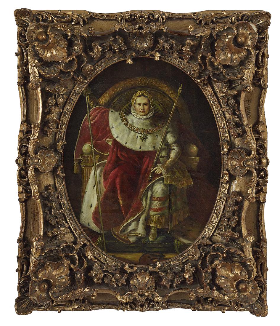 After Ingres (French, 1780-1867): After Jean-Auguste-Dominique Ingres (French, 1780-1867) "Napoleon I on His Imperial Throne", 1806 oil on wood panel unsigned. Presented in an elaborate giltwood frame. 15-3/4" x 11-3/4", framed 22-1/2