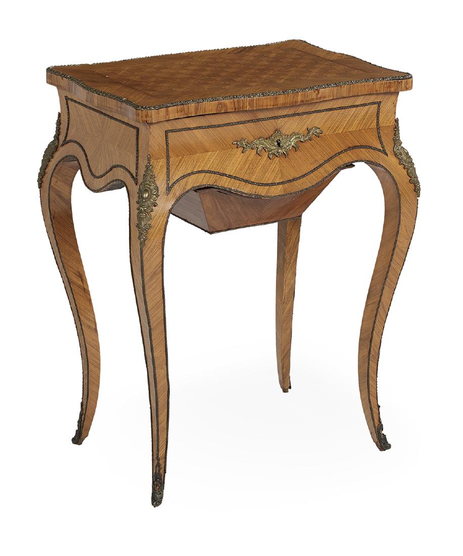Louis XV-Style Kingwood Work Table: Louis XV-Style Kingwood Work Table early 20th century, the hinged, shaped rectangular top banded and with parquetry veneer, and opening to a mirrored interior and a lift-out compartmented tray, above 