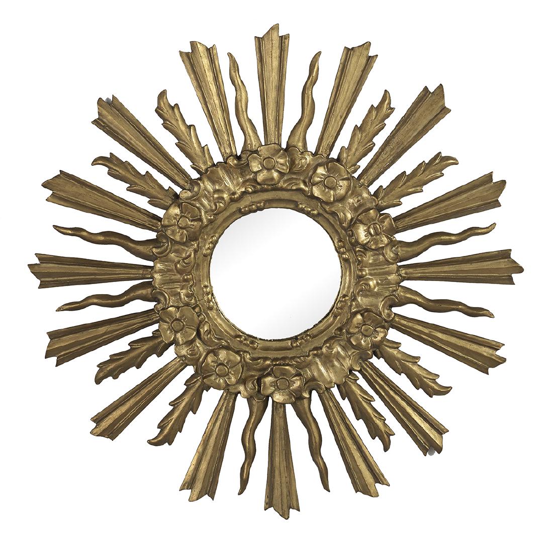 Louis XV-Style Giltwood Sunburst Mirror dia. 31": Louis XV-Style Giltwood Sunburst Mirror 20th century, the circular convex mirror glass with a flower-molded surround, the straight "rays" alternating with curved "rays". dia. 31"