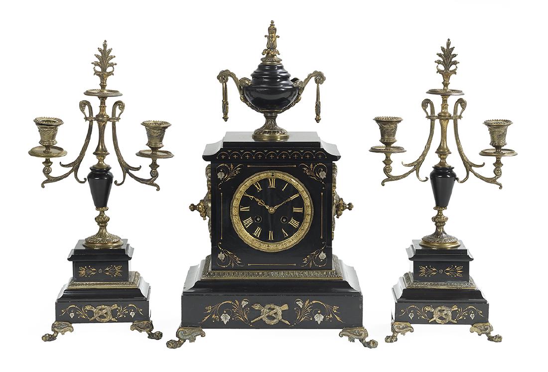French Aesthetic Marble and Bronze Clock Set: French Aesthetic Marble and Bronze Clock Set fourth quarter 19th century, decorated with gilt and silver-gilt incising, the clock with an urn-form finial, the works marked by Japy Freres, h. 15-1/2", 