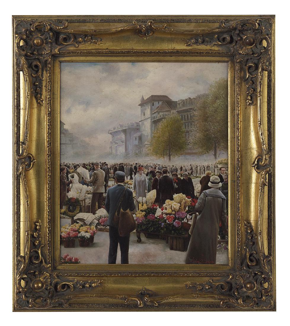 John Pieron (French/American, Mid-20th Century): John Pieron (French/American, Mid-20th Century) "Marchand des Fleurs" oil on canvas signed lower right. Framed. 24" x 20", framed 34" x 30" Provenance: Collection of Reuben L. "Buzz" Harper, Natchez, 