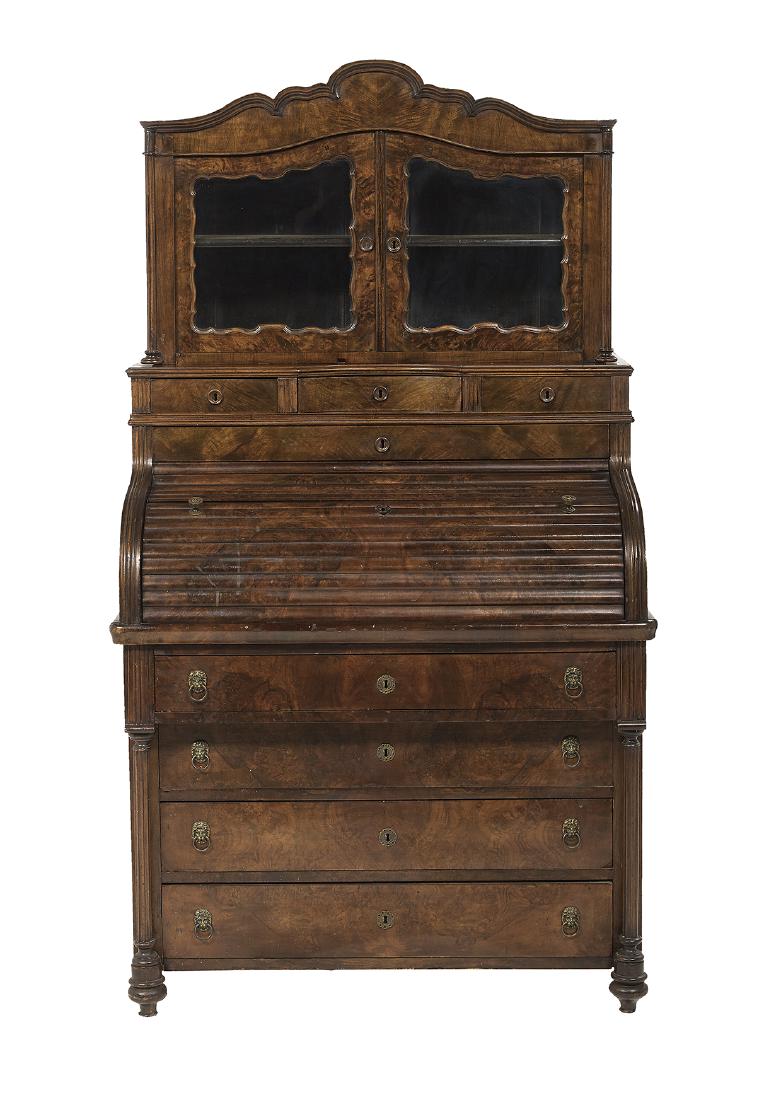 Biedermeier Burl Walnut Secretary: Biedermeier Burl Walnut Secretary mid-19th century, the domed cornice above two doors, each with a shaped glazed panel, over three short drawers, the central one concave, and one long drawer, over a f