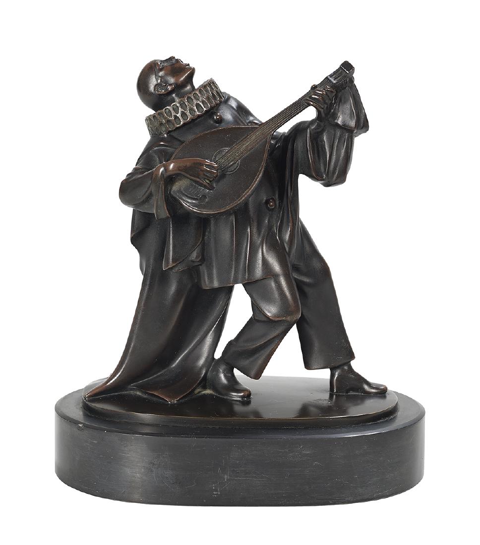 Karl Perl (Austrian, 1876-1965): Karl Perl (Austrian, 1876-1965) "Harlequin" patinated bronze 20th century, incised signature and artist's cipher along side edge, on a marble plinth. overall h. 9-3/8", w. 8-1/4", d. 4-1/4" Provenance