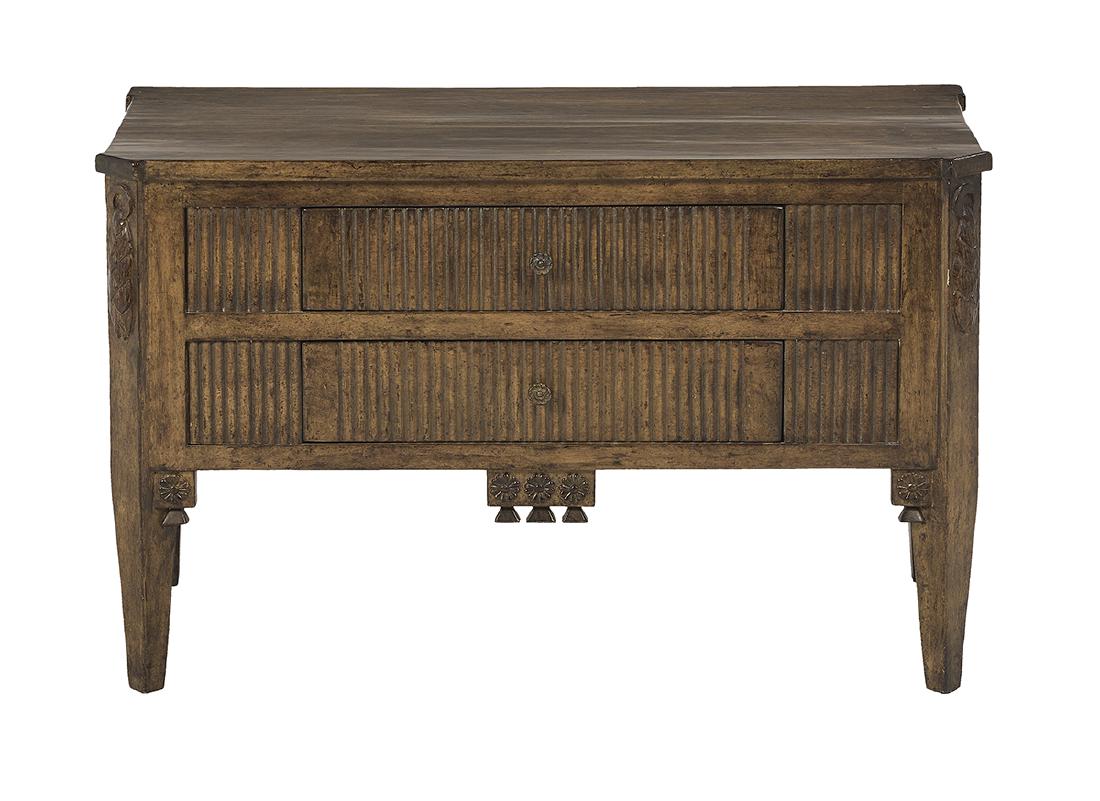 Diminutive Fruitwood Commode/Side Table: Diminutive Fruitwood Commode/Side Table 20th century, in the Directoire taste, the conforming top with canted corners, over a case fitted with a pair of reeded long drawers, raised on tapering square 