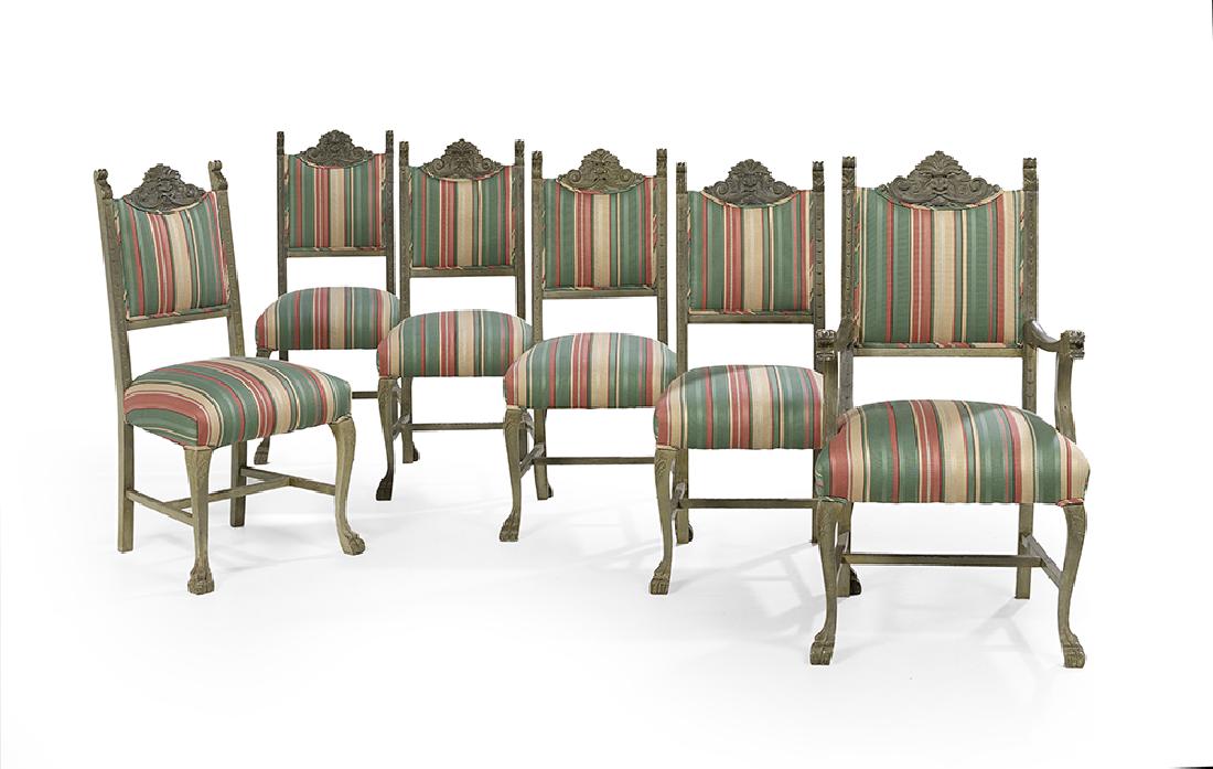 Six Henry II-Inspired Painted Dining Chairs: Suite of Six Henry II-Inspired Painted Dining Chairs comprised of an armchair, h. 42-1/2", and five side chairs, h. 40", each with a carved crest and cabriole legs.