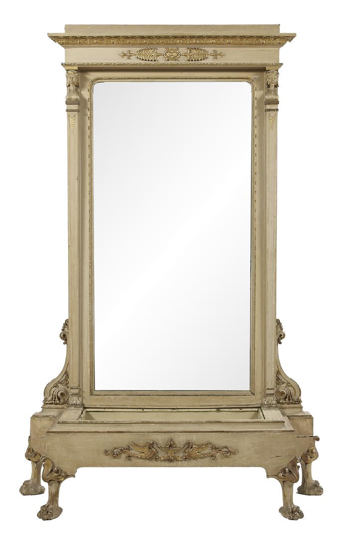 Empire-Style Pier Mirror with Jardiniere Base: Empire-Style Pier Mirror with Jardiniere Base ca. 1900, the polychrome, parcel-gilt and foliate-carved cornice over a frieze with gilt mounts and a beveled rectilinear mirror plate flanked by pilaster