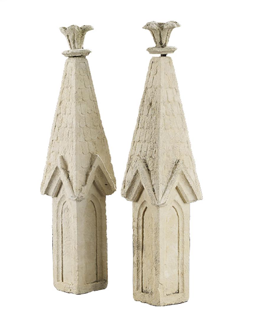 Pair of Gothic Revival Cast Stone Crockets: Pair of English Gothic Revival Cast Stone Crockets third quarter 19th century, each crocket spire shingle-carved and terminating in a fleurette, the surface deeply weathered to a tasteful gray. h. 22"