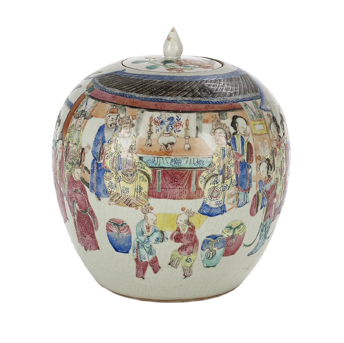 Chinese Famille Rose Porcelain Ginger Jar: Chinese Famille Rose Porcelain Ginger Jar first quarter 20th century, decorated with Mandarin scenes, including an altar. h. 10-1/2", dia. 8" Provenance: Estate of Jean and Jack Kelley, Tulsa, Oklahom